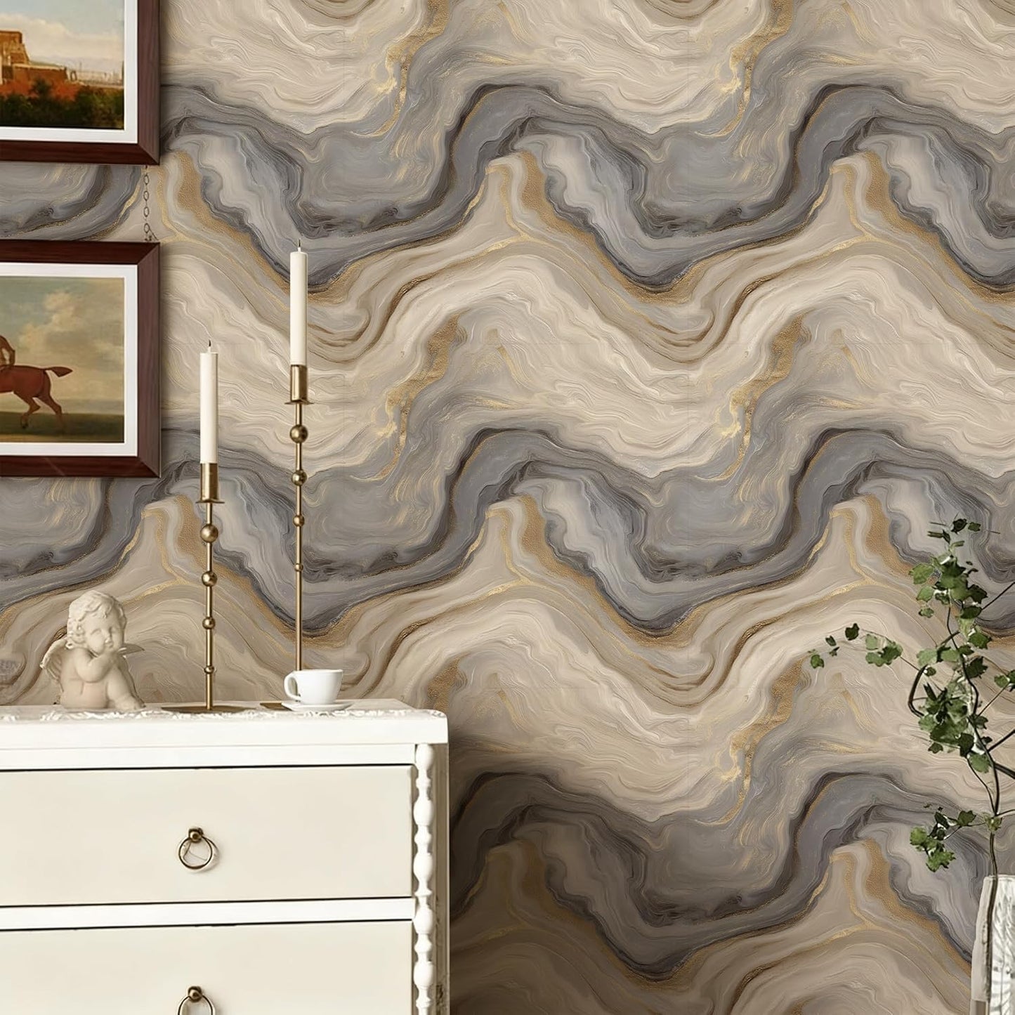 Papel tapiz mural autoadhesivo gris claro beige veteado 17.7x118pulg