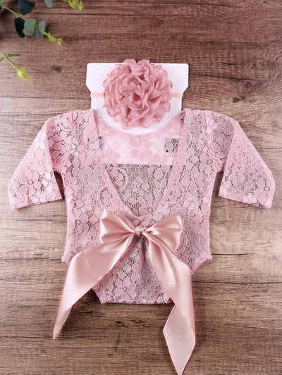 Mameluco encaje bebé niña con diadema flores rosa