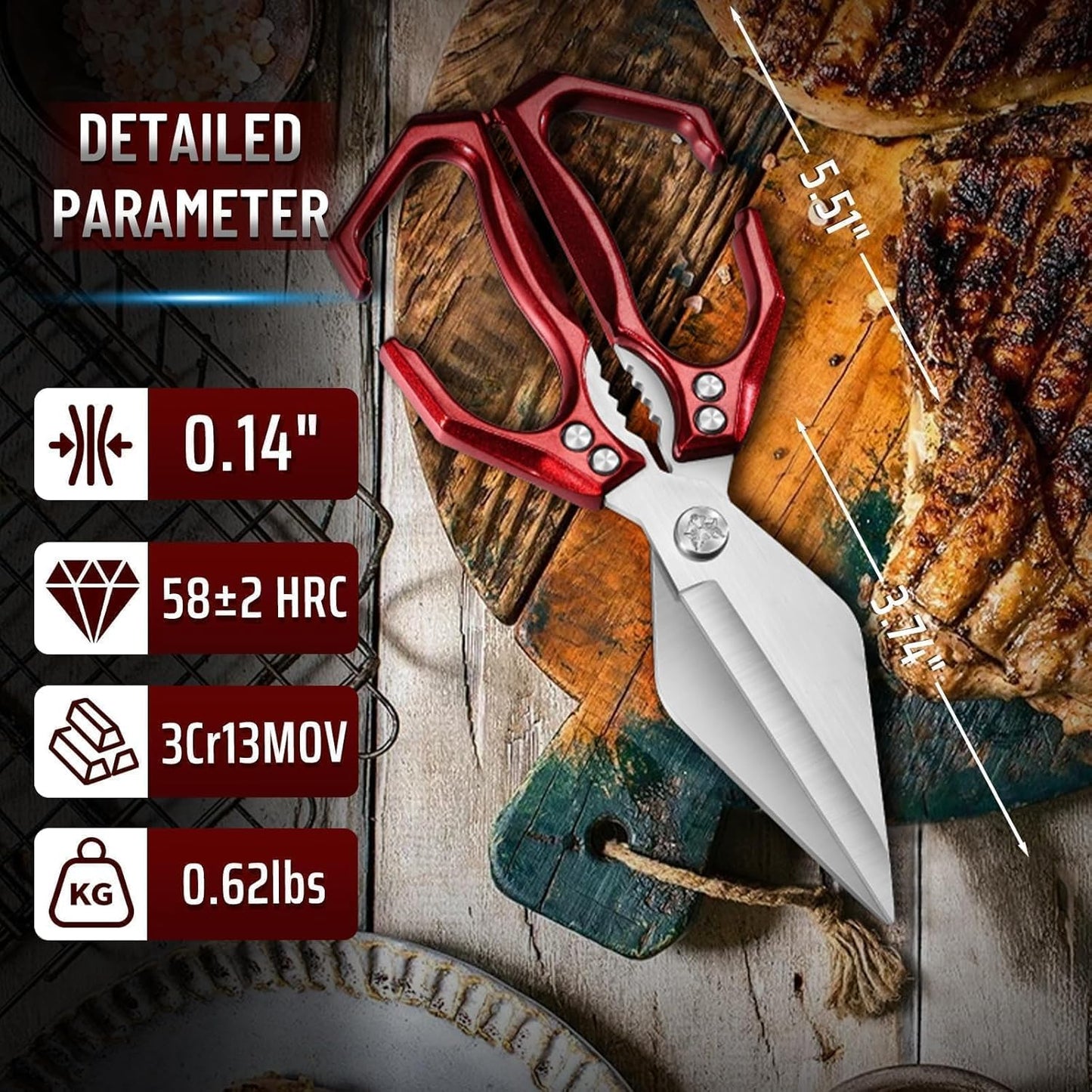 Tijeras de cocina pesadas Dream Reach rojas con cuchillo chef forjado y funda de cuero