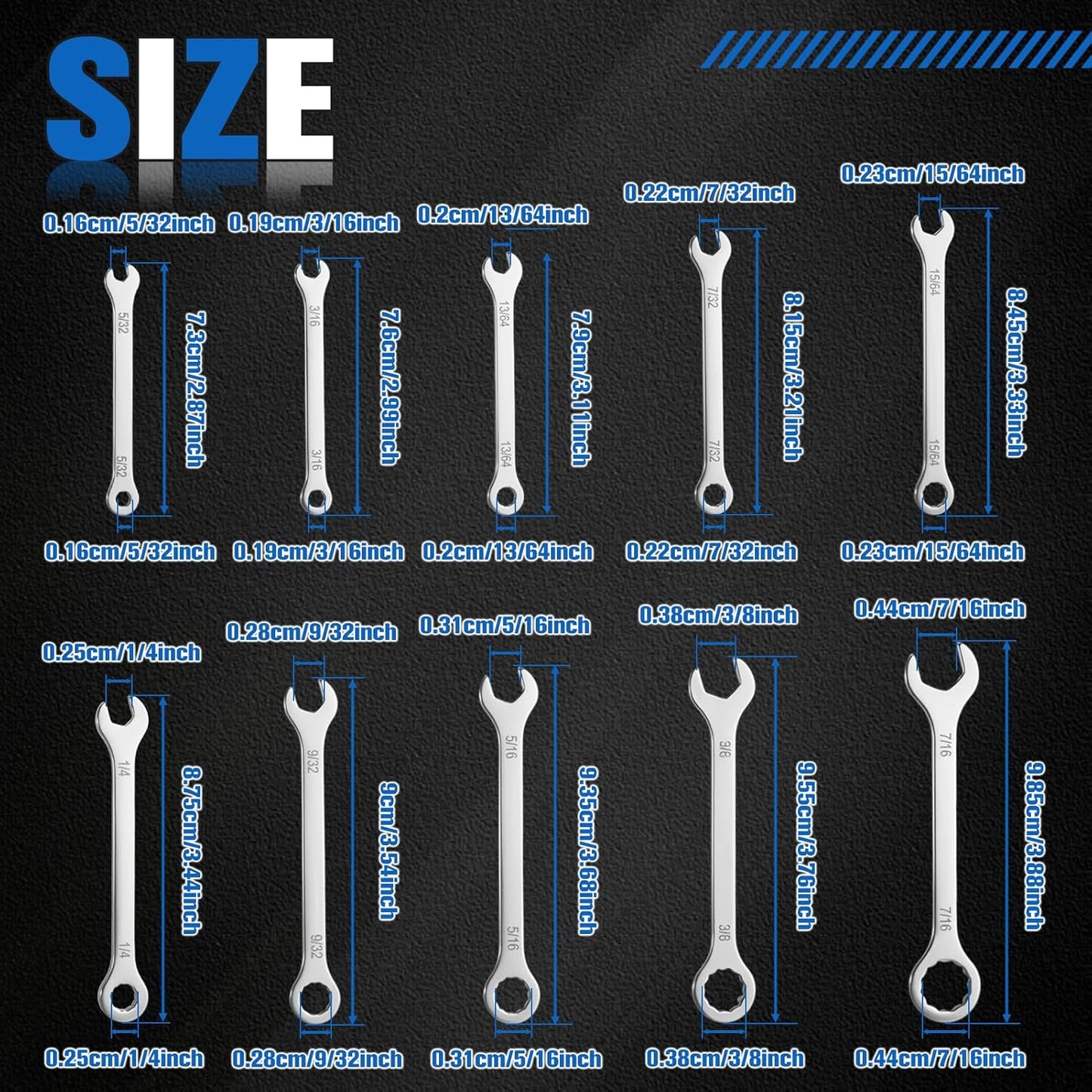 Set 10 Llaves Combinadas SAE Ultrafinas Acero Inox 5/32-7/16