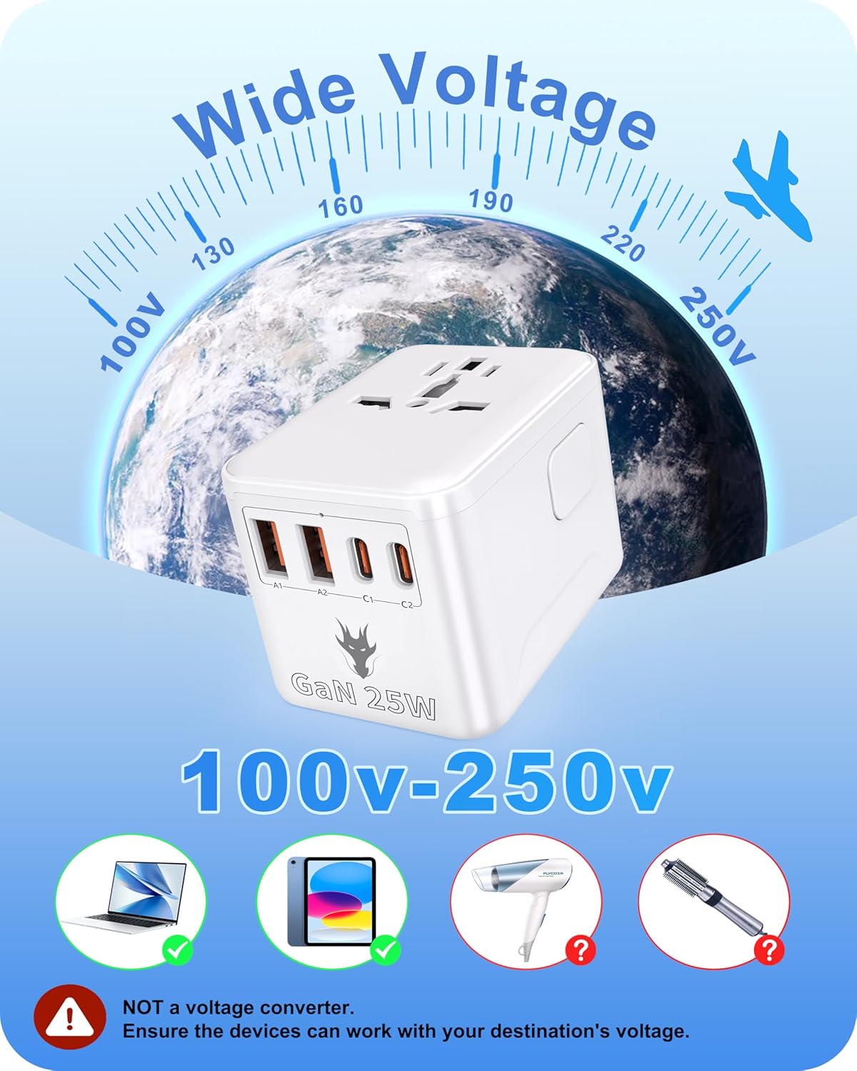 Adaptador corriente internacional GaN 25W con 4 puertos USB