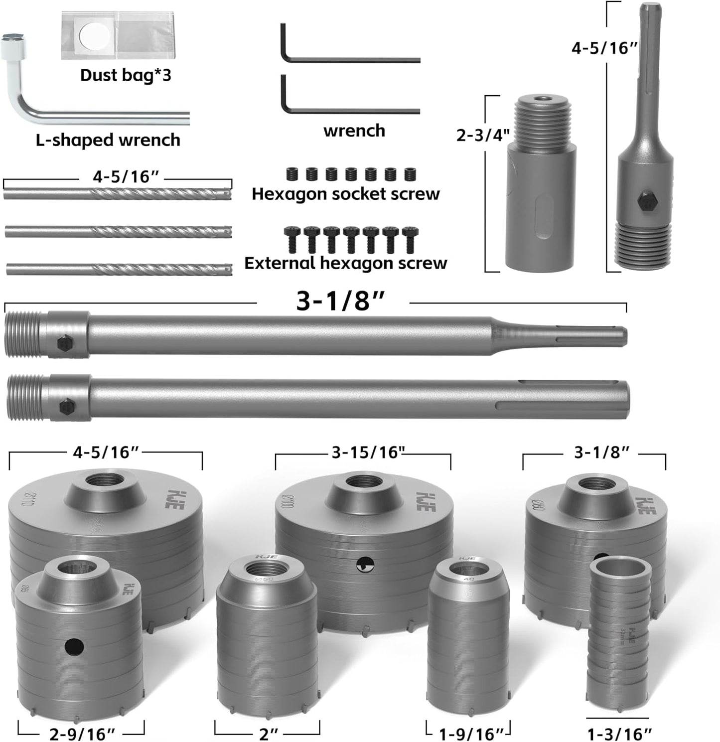 Kit sierra perforadora hormigón 30-100pulg 3 brocas SDS Plus y Max