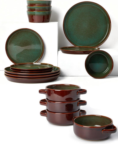 Vajilla set 16 pzas cuencos sopa marrón y verde