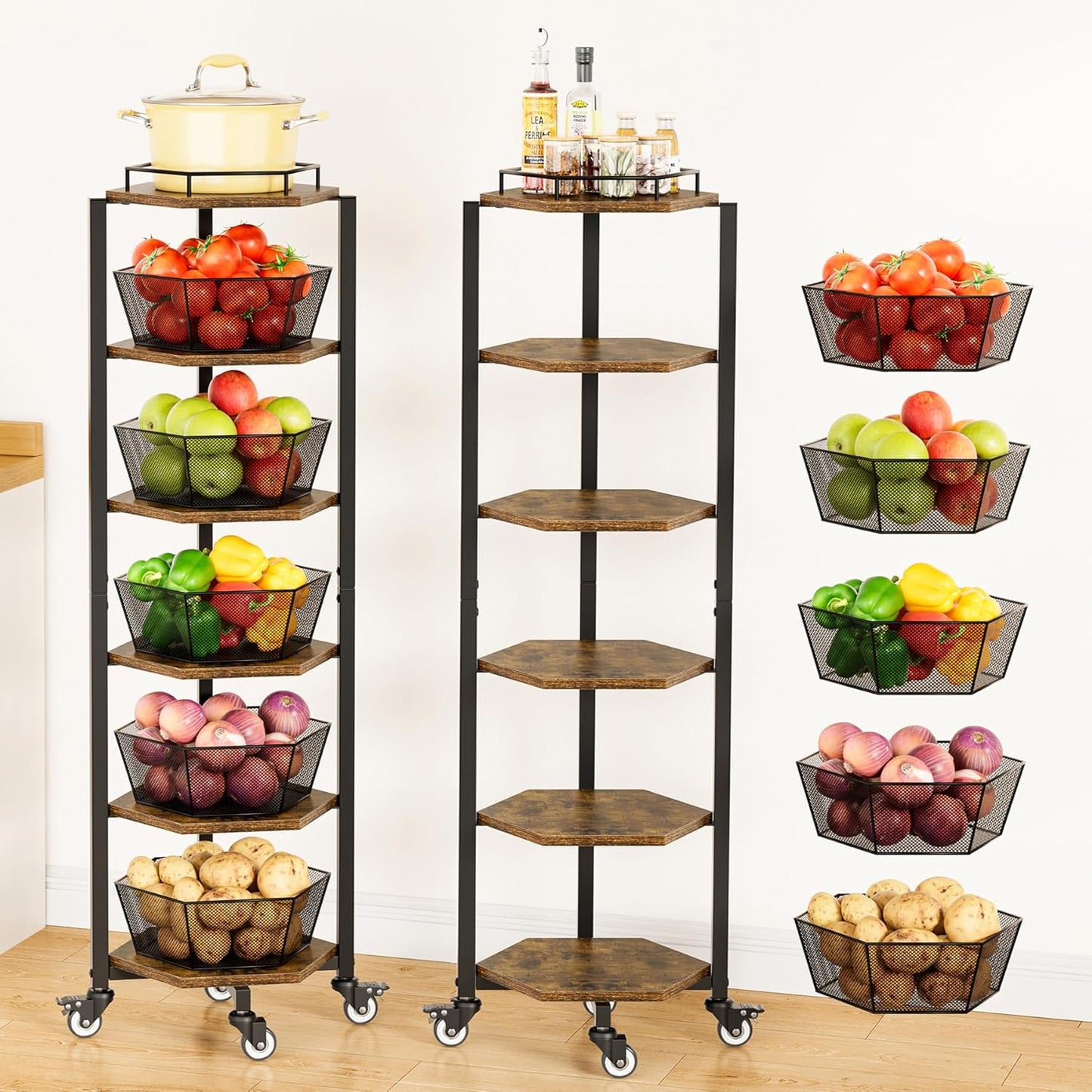 Carrito cocina 6 niveles con cesta frutas y 5 cuencos