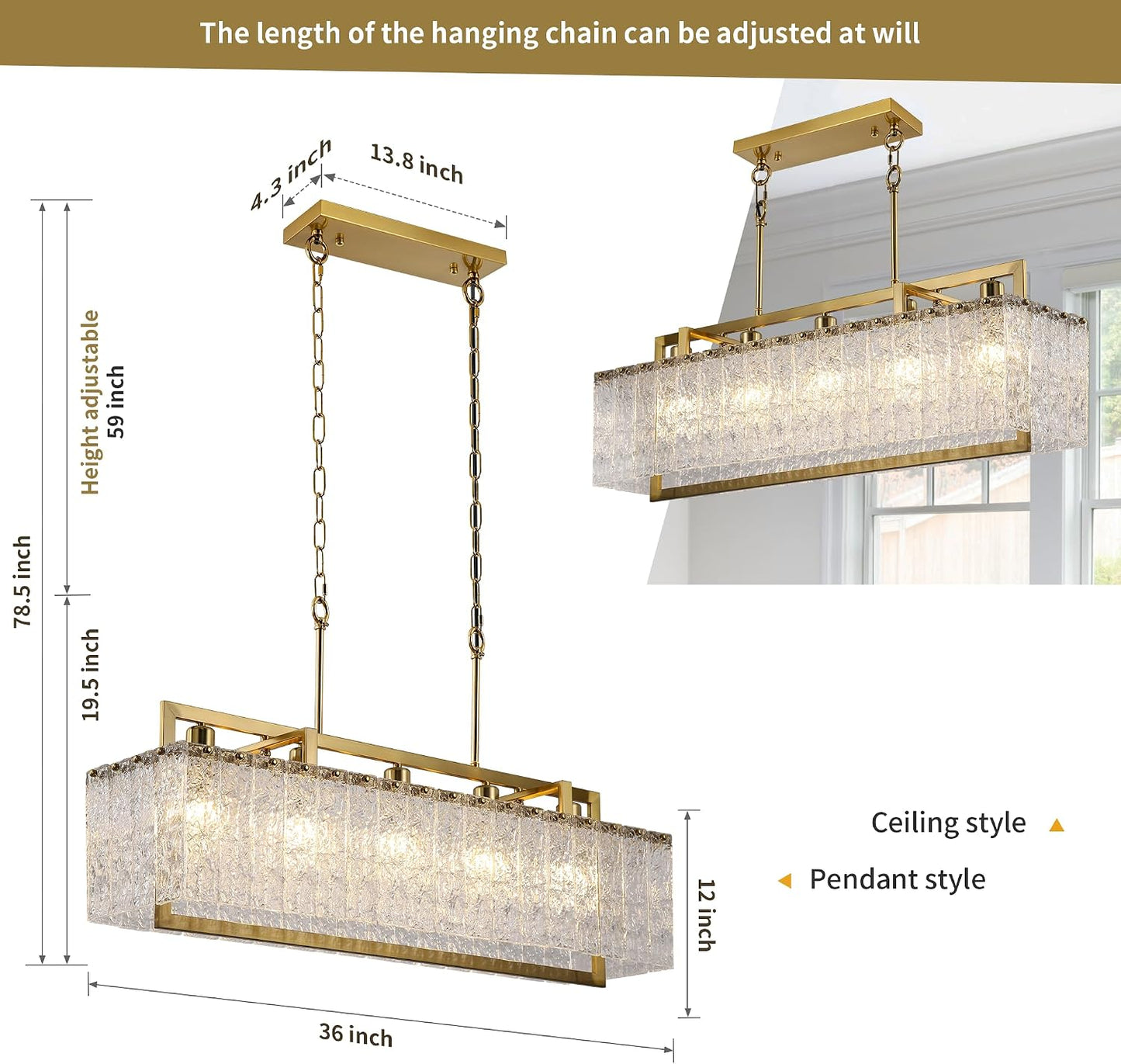 Candelabro cristal dorado 36pulg rectangular