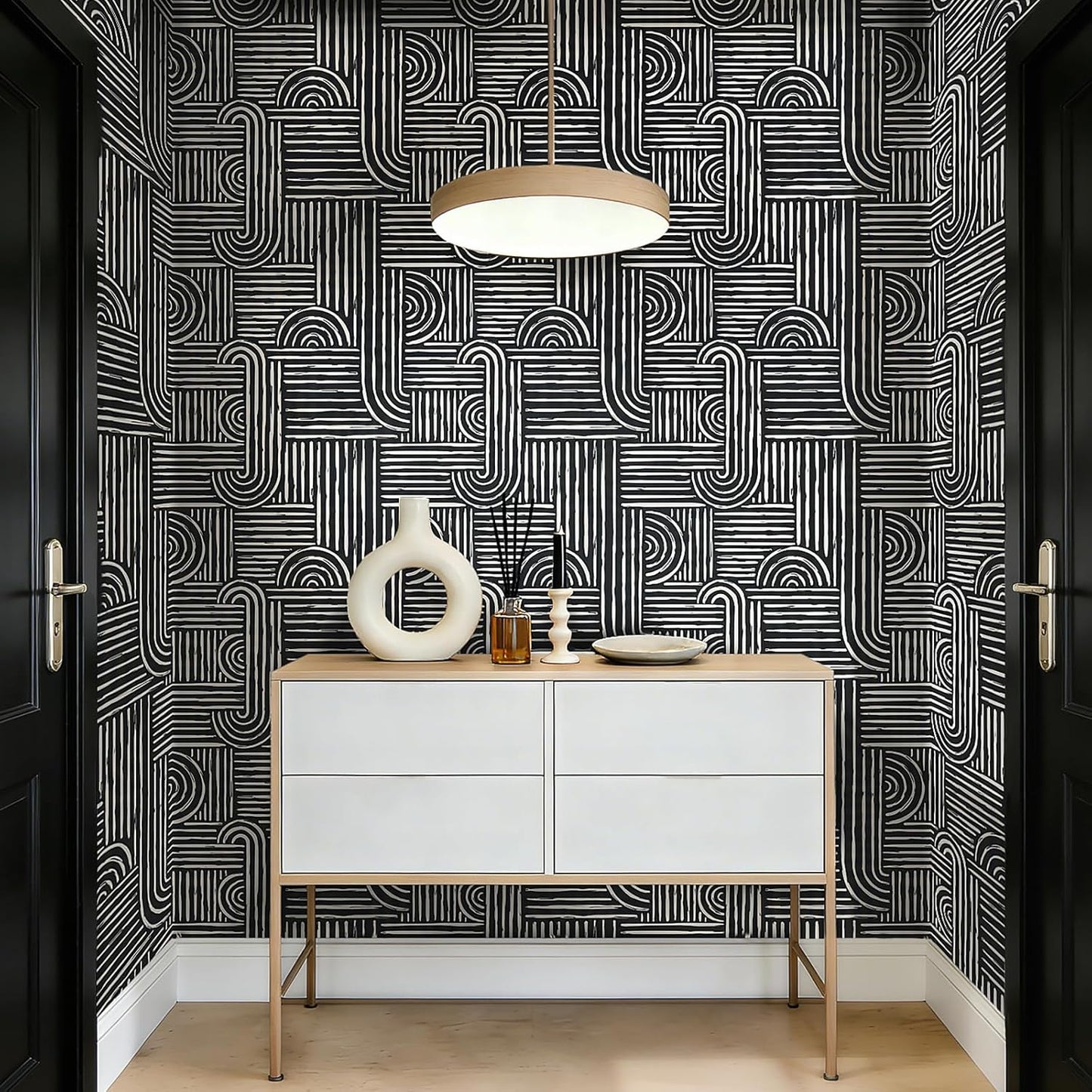 Papel tapiz geométrico blanco y negro moderno para dormitorio