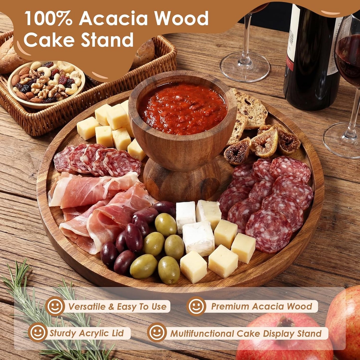 Set 5 Pzas Mesa Postre Madera Acacia Tapa Cúpula 3 Niveles