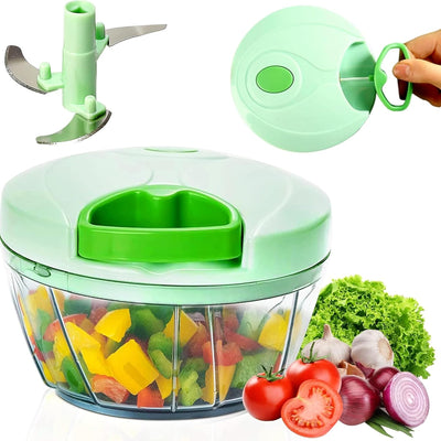 Picadora manual de alimentos con cordón de tracción, 3 cuchillas de acero inoxidable, tazón sin BPA