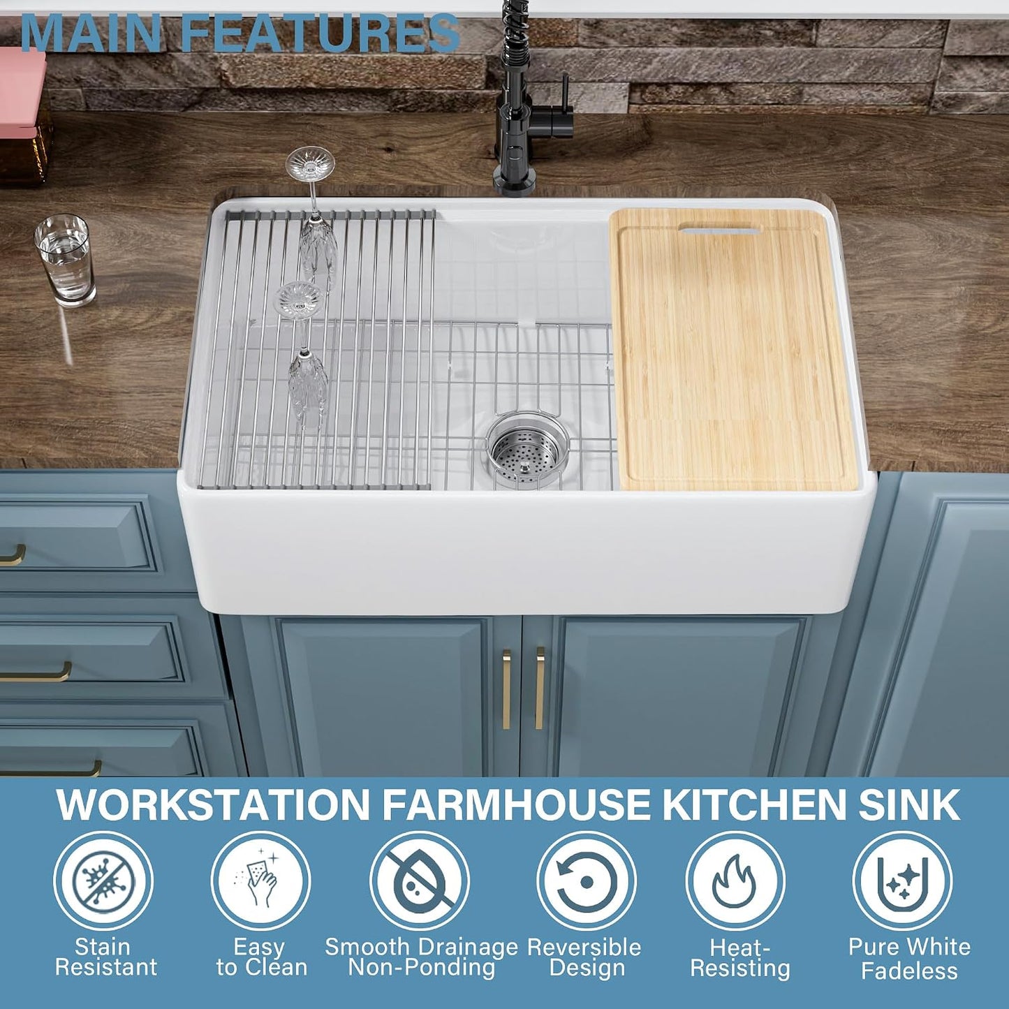 Fregadero granja 31x18pulg con delantal cuenco reversible