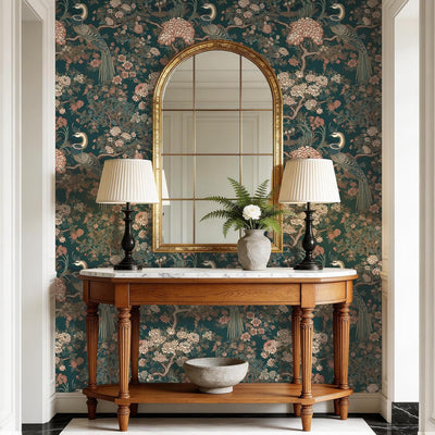 Papel tapiz verde oscuro floral vintage para gabinetes