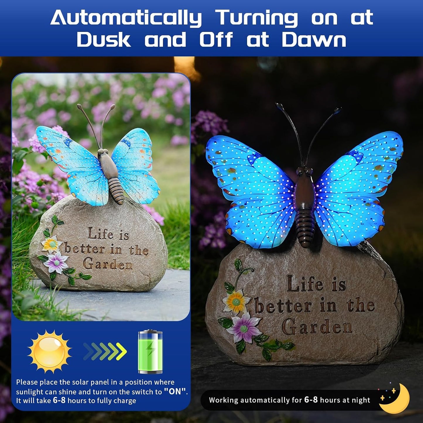 Estatua mariposa LED solar al aire libre azul