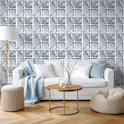 Papel Tapiz Geométrico Azul Blanco Art Deco 17.7x118pulg