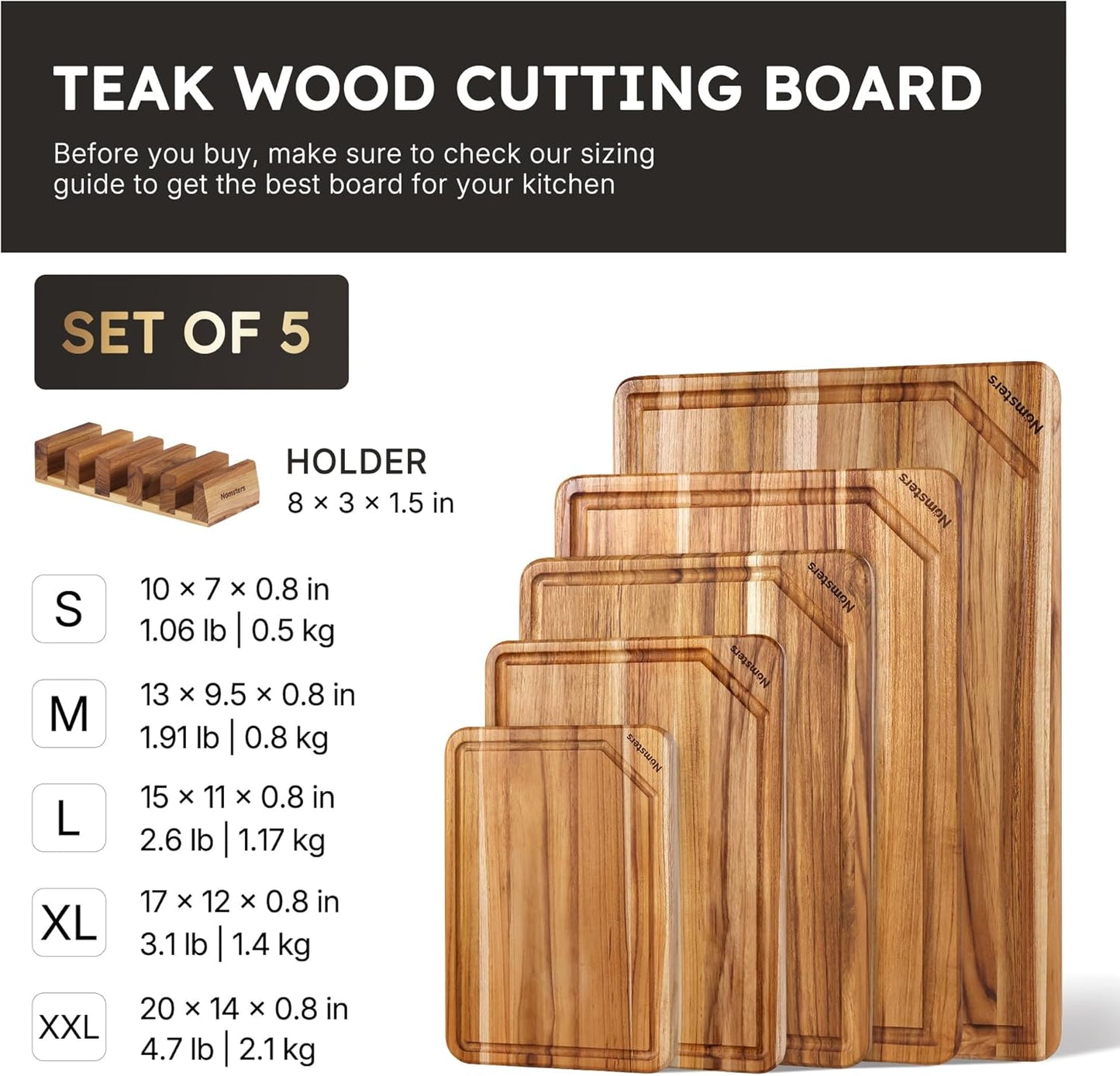 Set 5 Tablas Cortar Teca Soporte Antiderrap Fregadero