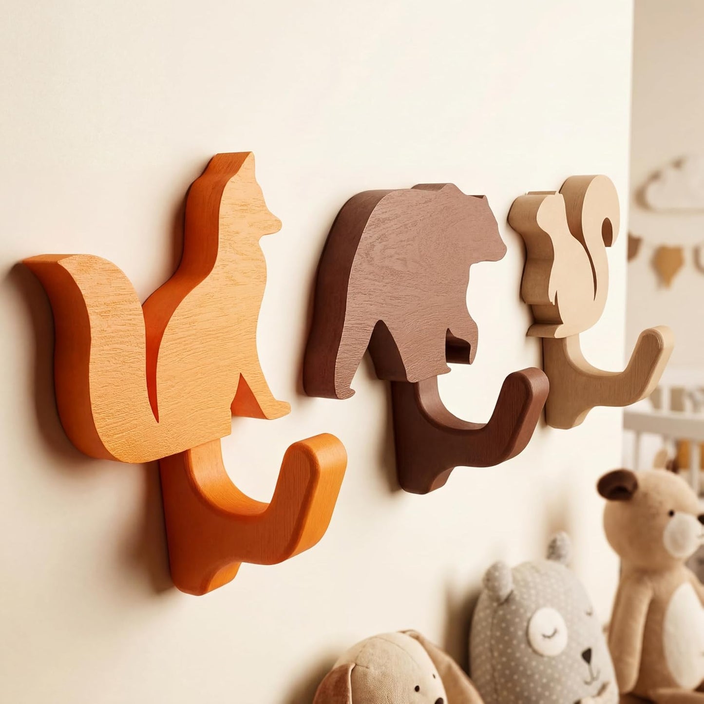 3 Ganchos Animales Perchero Madera Guardería Decoración
