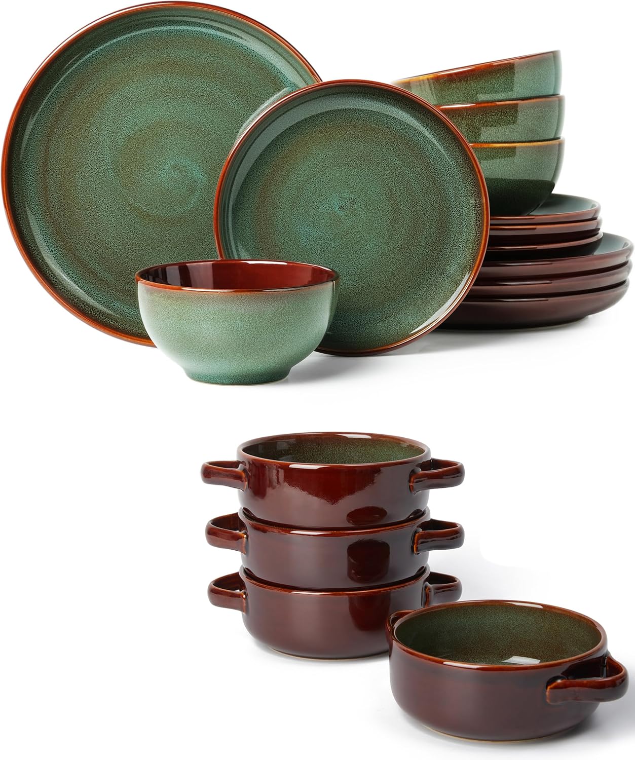 Set 16 Pzas Vajilla Cuencos Sopa Verde Salvia