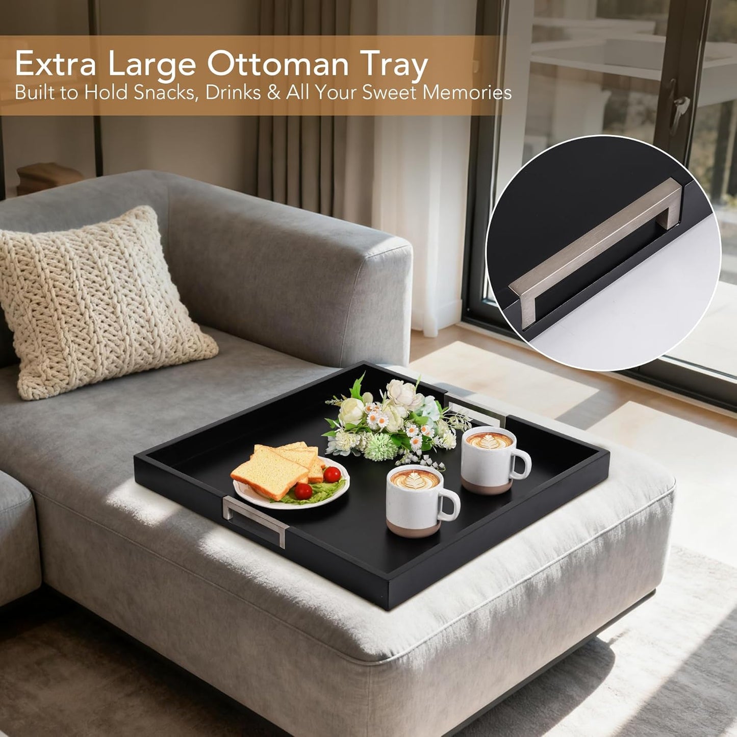 Tray Rectangular Madera con Manillas Negro 22x22x2pulg