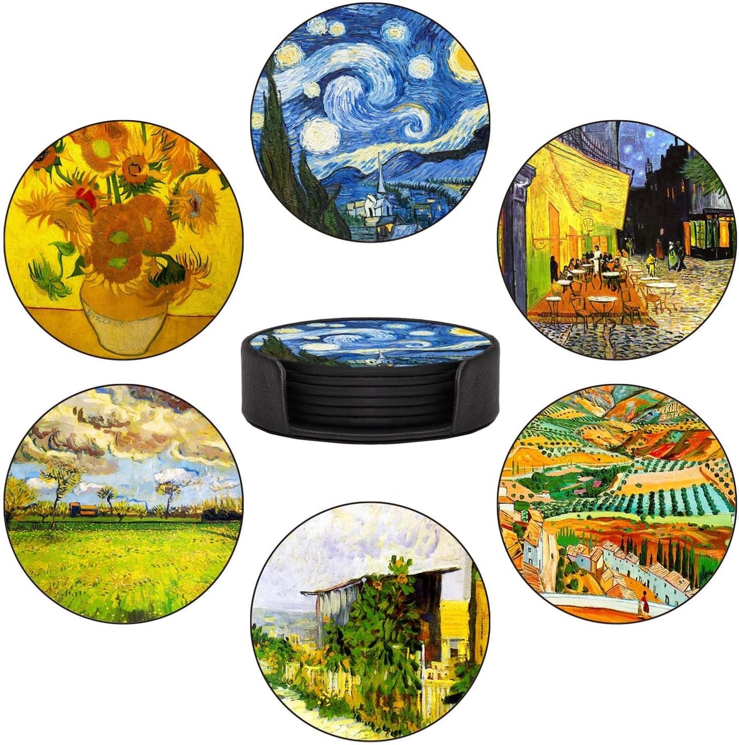 Juego de 6 posavasos sintéticos estilo Van Gogh para bebidas con soporte