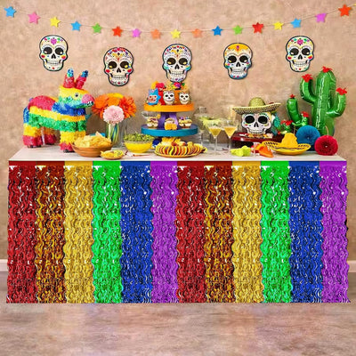 Paquete de 2 faldas de mesa con flecos metálicos para fiestas y cumpleaños