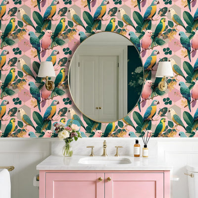 Papel tapiz geométrico loros tropicales rosa verde azul