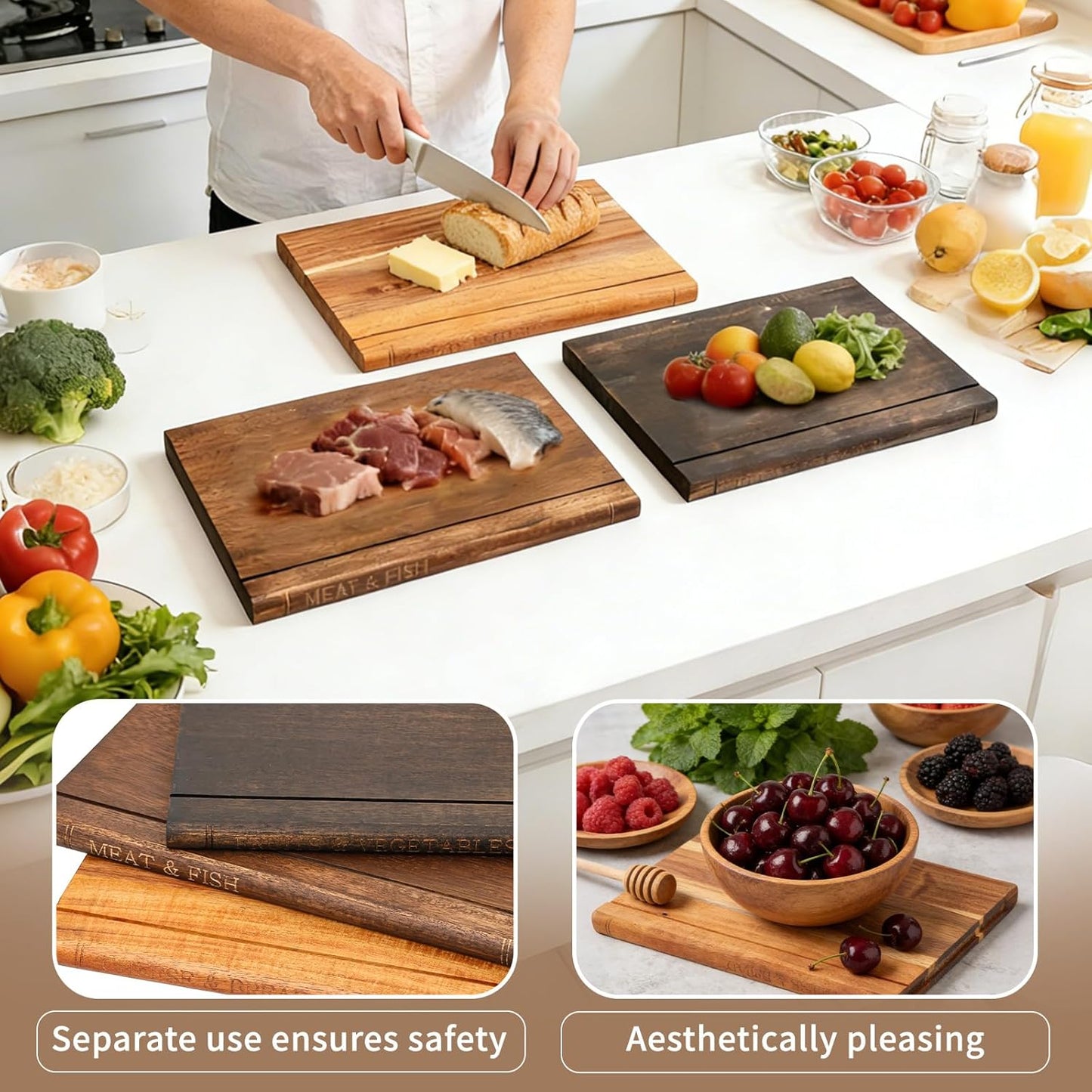 Tabla cortar madera nogal y acacia 3 pzas con soporte