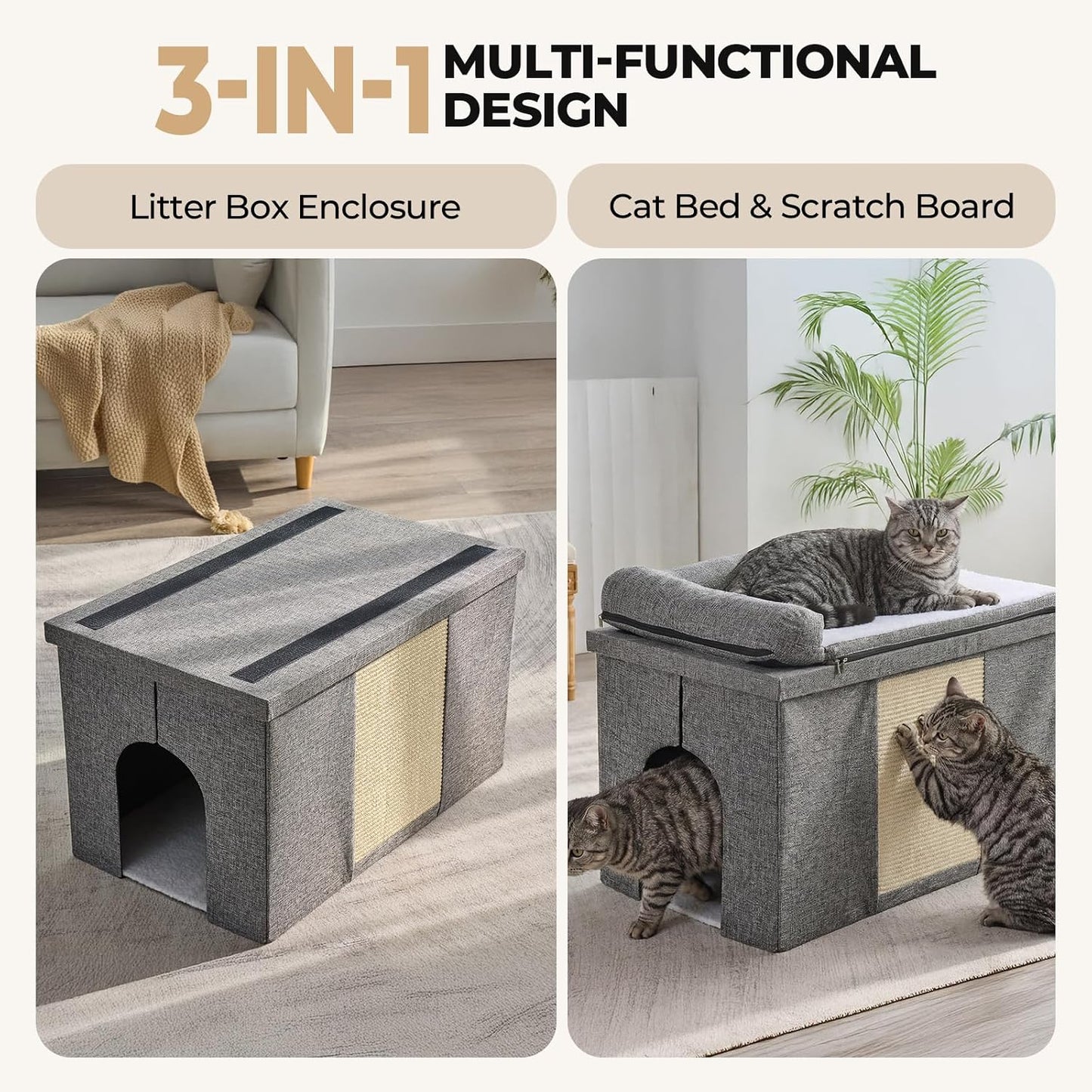 Caja arena gatos oculta con cama impermeable plegable gris