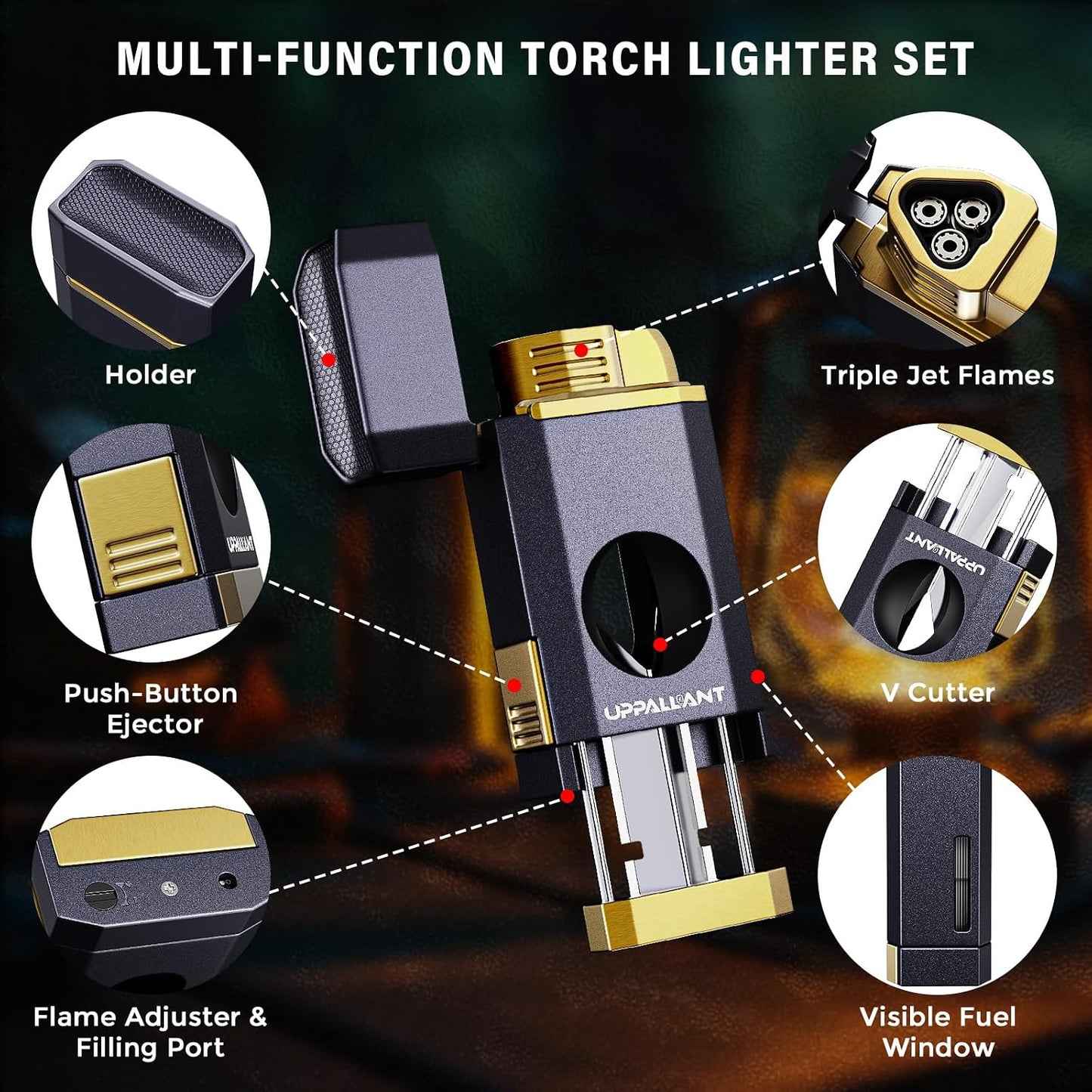 Encendedor triple llama con cortador V soporte recargable butano