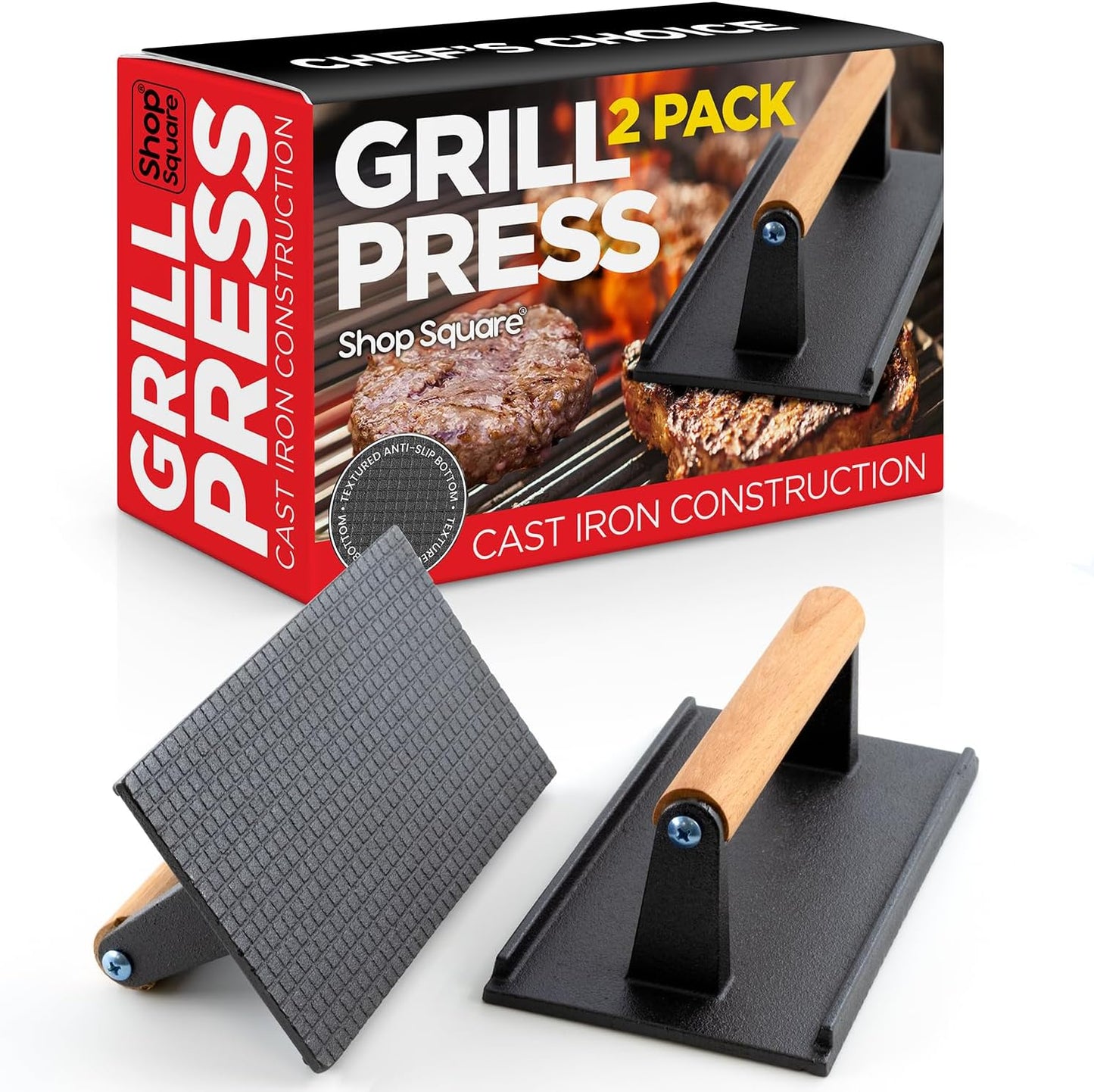 Prensa parrilla hierro fundido set 2 con mango madera