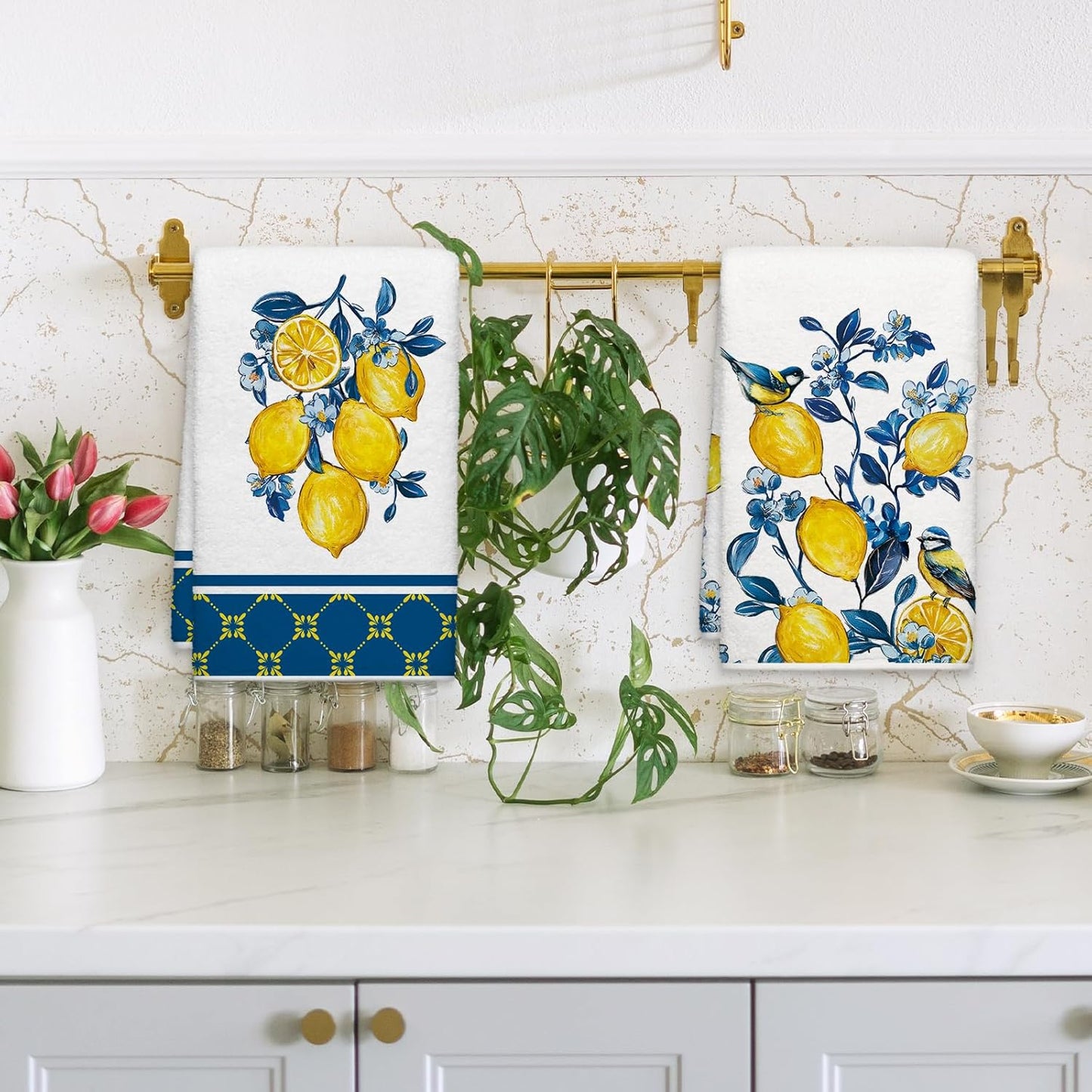 Set 2 Servilletas cocina geométricas azul flores 18x26 pulg