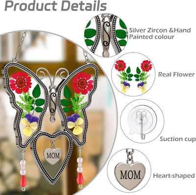 Atrapaluz mariposa con corazón vidrio emplomado y flor prensada