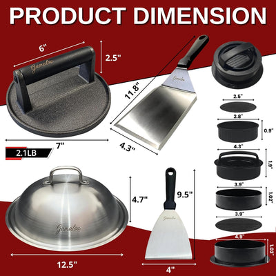 Kit prensa hamburguesas hierro fundido 7pulg 3en1 espátula 4.3pulg
