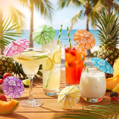 100 Sombrillas Hibisco Mini Adornos Bebidas Tropicales Luau