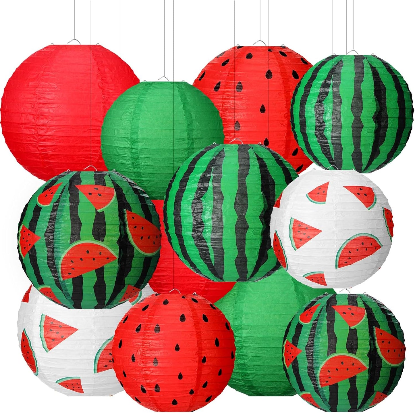 16 Linternas Papel Verano Colores Sandía Rojo Redondas Colgantes