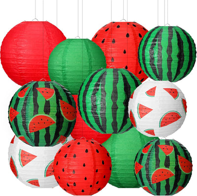 16 Linternas Papel Verano Colores Sandía Rojo Redondas Colgantes
