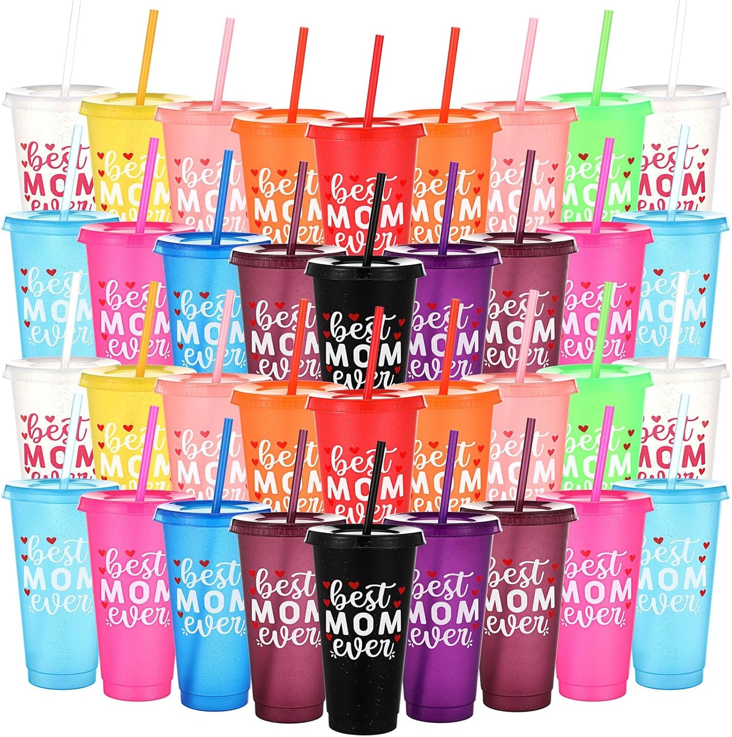 72 Tazas Regalo Mamá Reutilizables Plástico 24oz Con Pajita