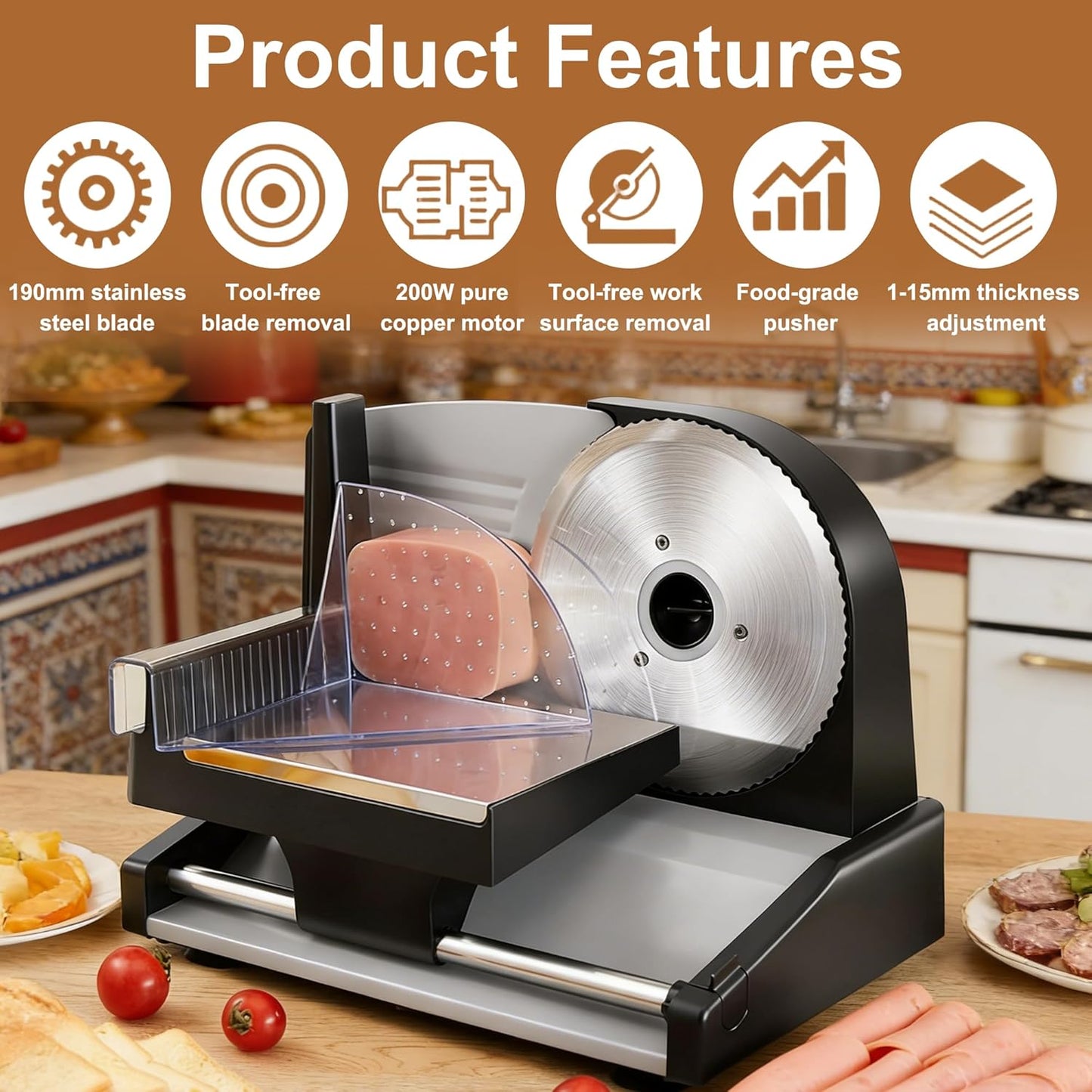 Cortador de carne eléctrico 200W con 3 cuchillas acero inox 7.5"