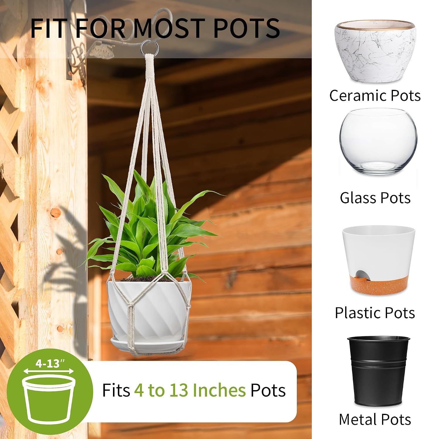 Colgador macramé para plantas 4-13pulg set 2 color blanco