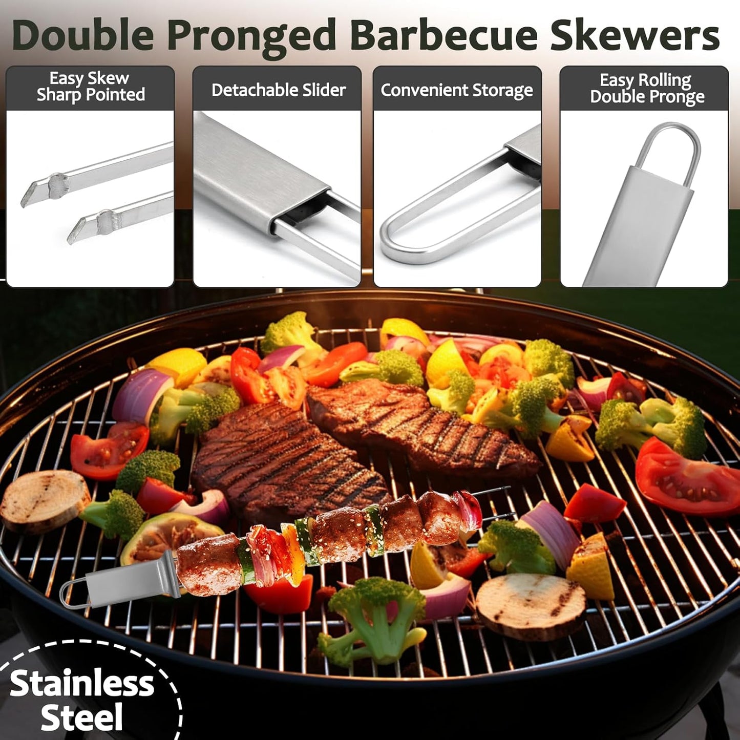 Brochetas de acero inoxidable reutilizables doble punta para barbacoa