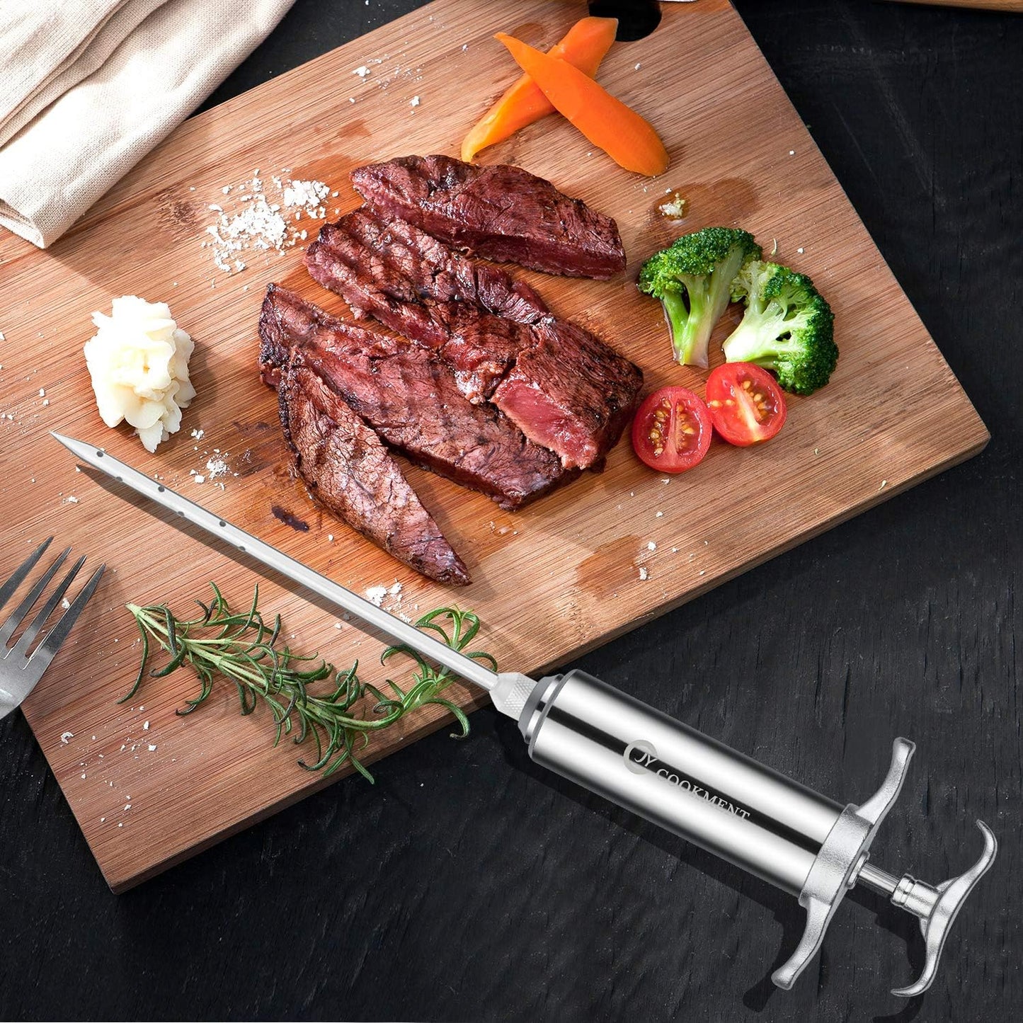Jeringa carne acero inox 304 adobo 2oz con agujas y cepillos