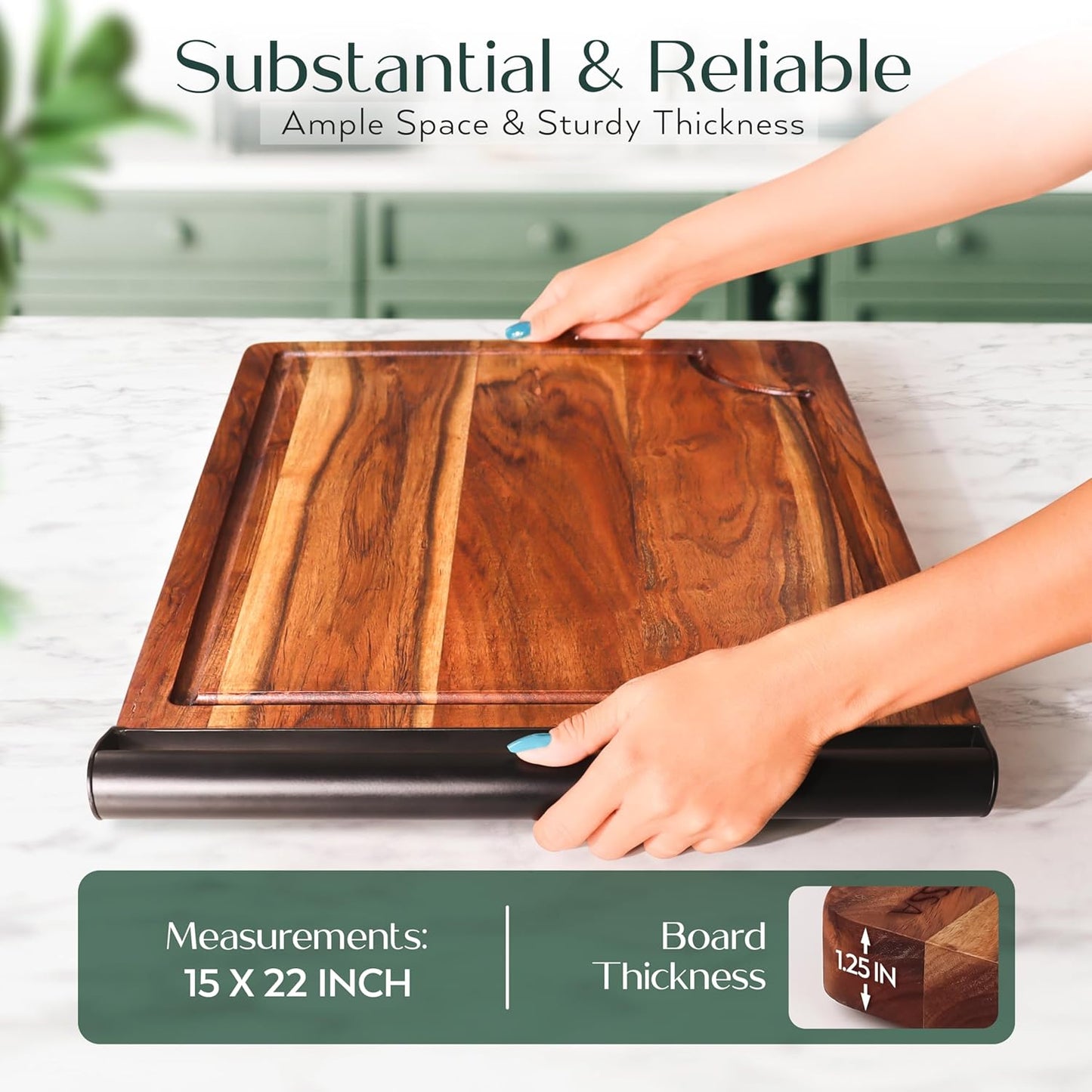 Tabla cortar acacia grande ranuras mango metálico