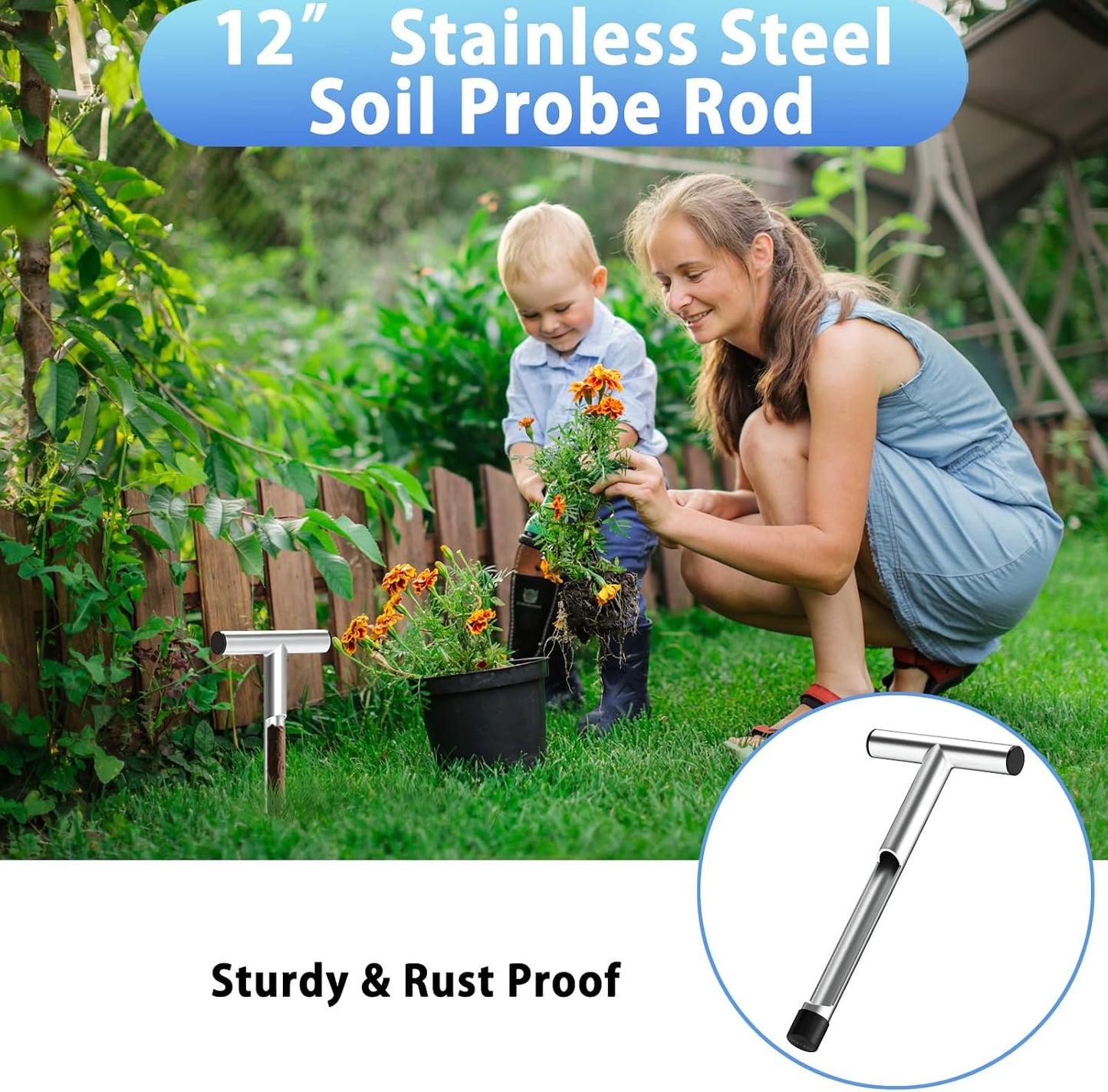 Sonda suelo acero inox 12pulg mango T kit prueba jardín