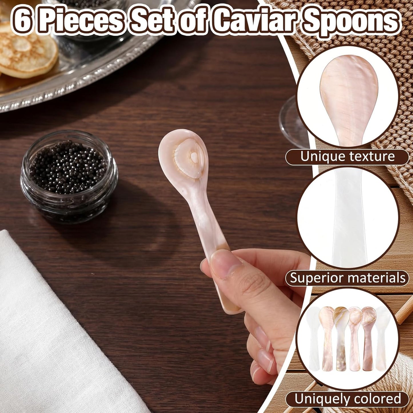 Juego de 6 cucharas de caviar personalizadas con mango redondo para servir