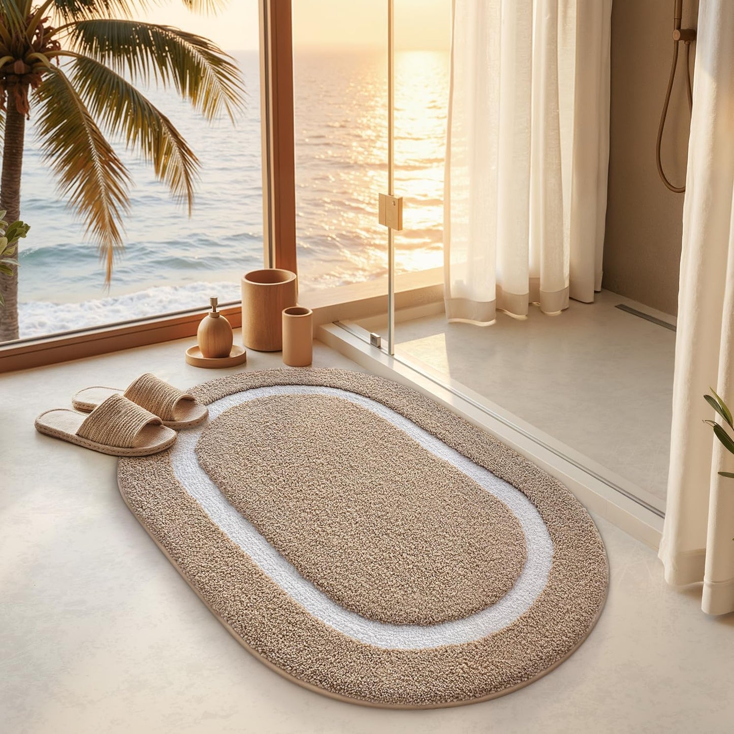 Alfombra baño ovalada 20x32pulg antideslizante absorbente caqui