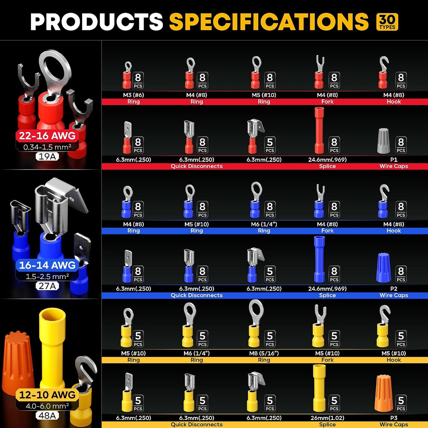 Kit herramientas crimpado 30 conectores eléctricos 22-10 AWG