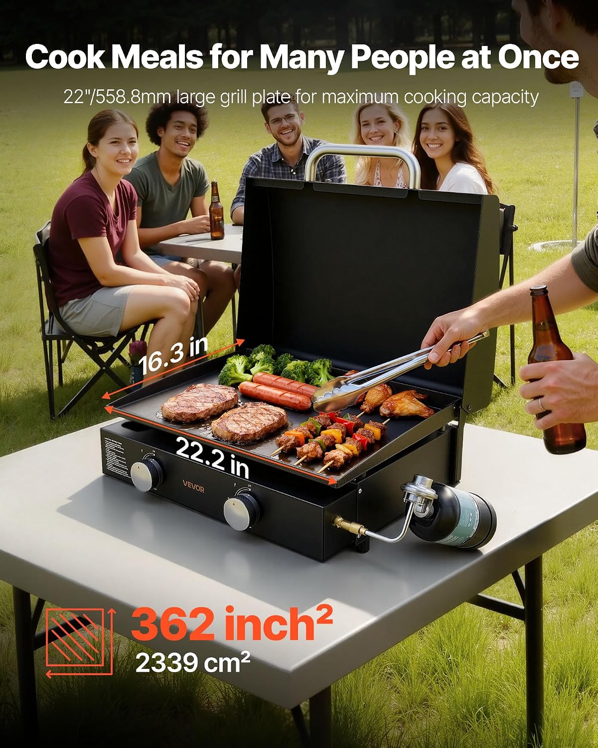 Plancha de gas 2 quemadores parrilla 22pulg propano con tapa