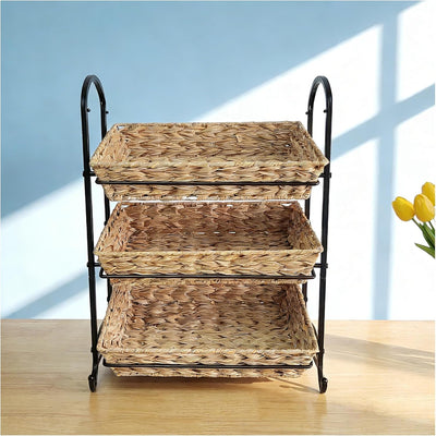Cesta mimbre sintético 3 niveles metal para almacenar cocina baño