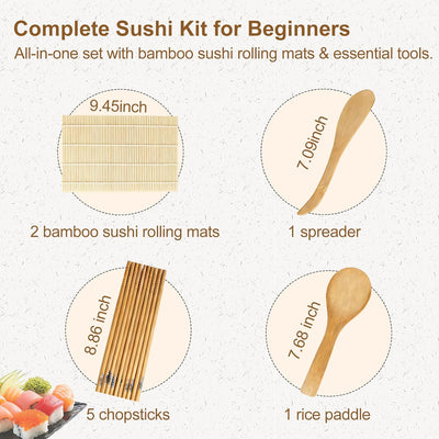 Kit fabricación sushi para principiantes con rodillos bambú, alfombrillas y accesorios