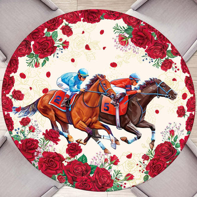 Mantel redondo ajustable con borde elástico para fiesta de carreras de caballos de rosas