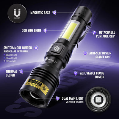 Linterna UV 365-395 nm recargable USB para detectar orina mascotas
