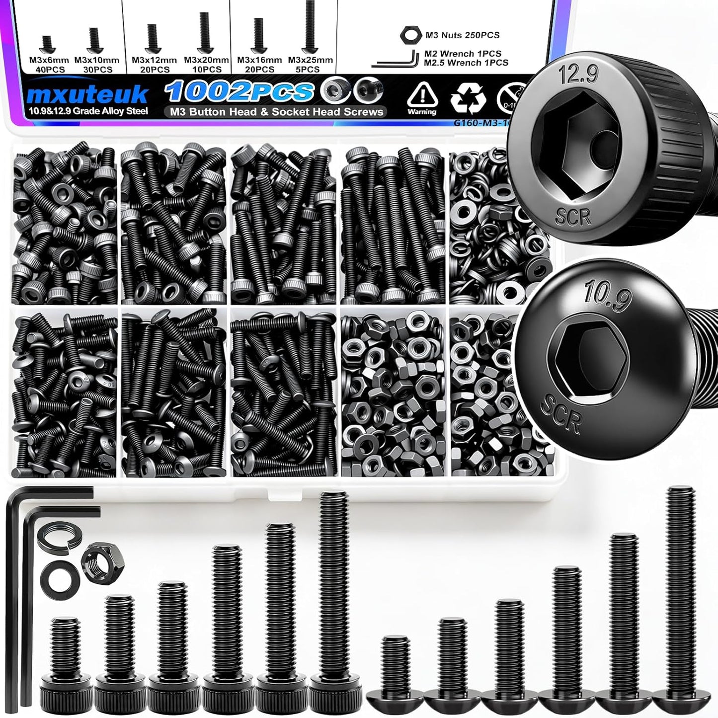 Set tuercas y pernos M3 grado 12.9 y 10.9