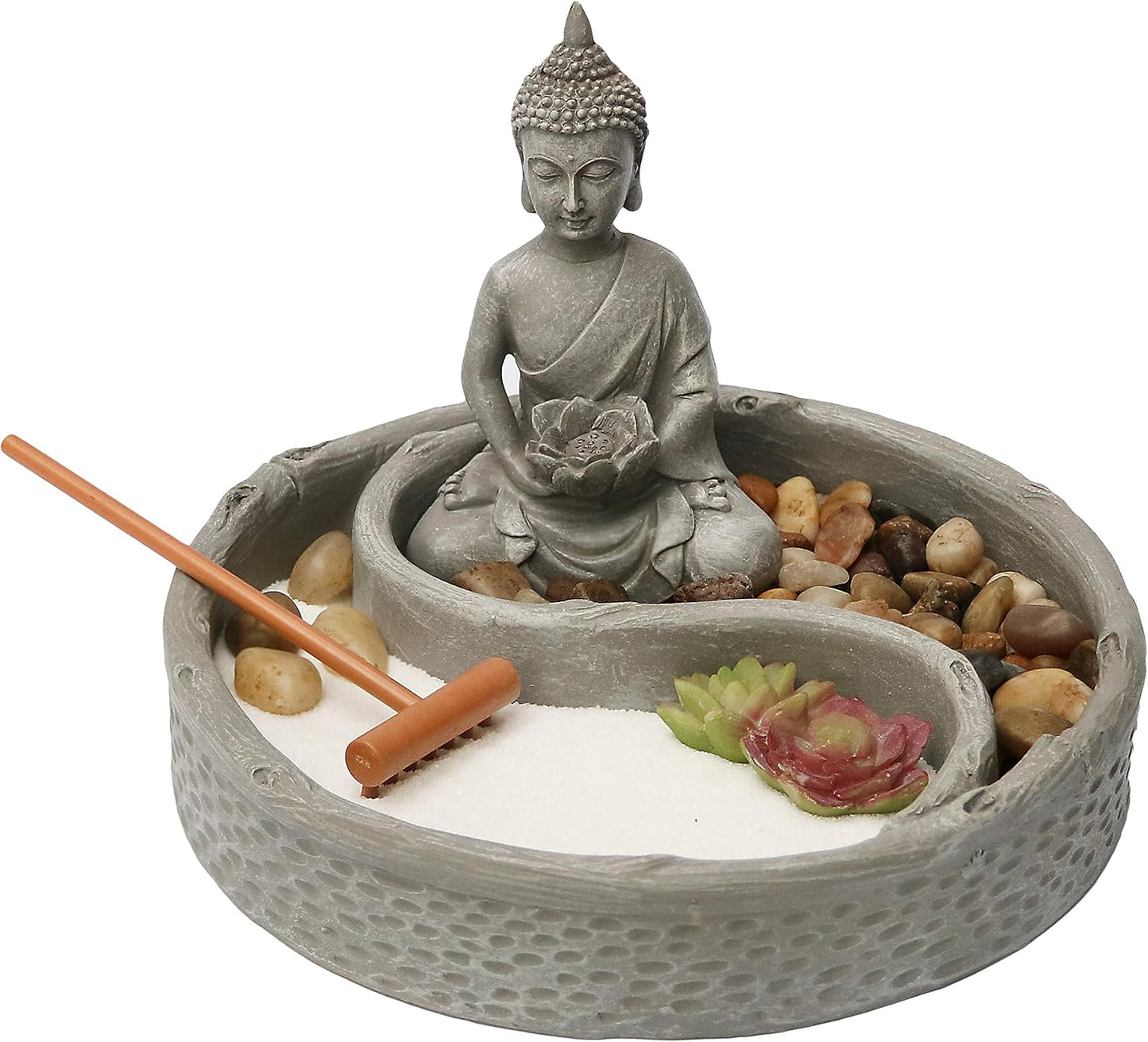 Kit jardín zen escritorio con loto, figuras buda y rocas arena